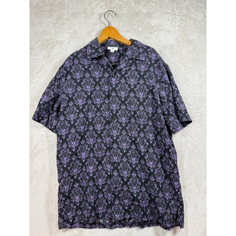 Disney Haunted Mansion Shirt Mens Medium Purple Wallpaper Damask Short Sleeve
